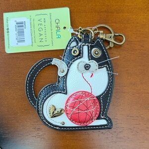 Chala Black & White Cat Keychain - change purse with Red Yarn Ball